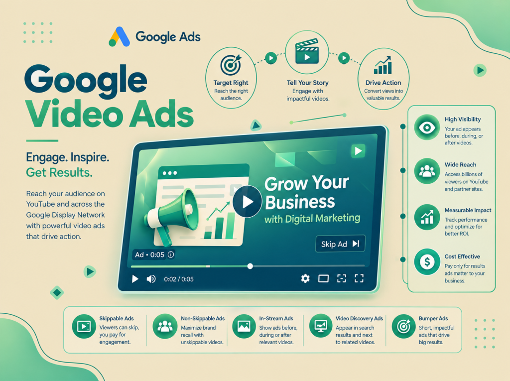Google Video Ads banner in green and cream colors.