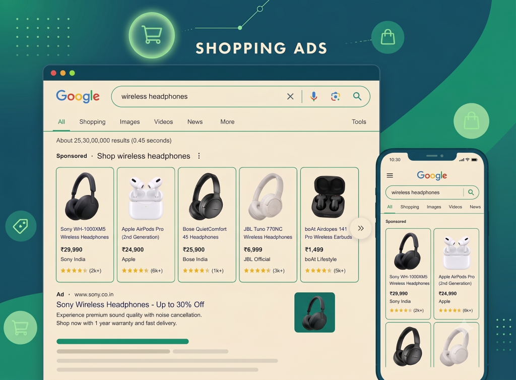 Google Shopping Ads layout for desktop and mobile showing headphone listings.