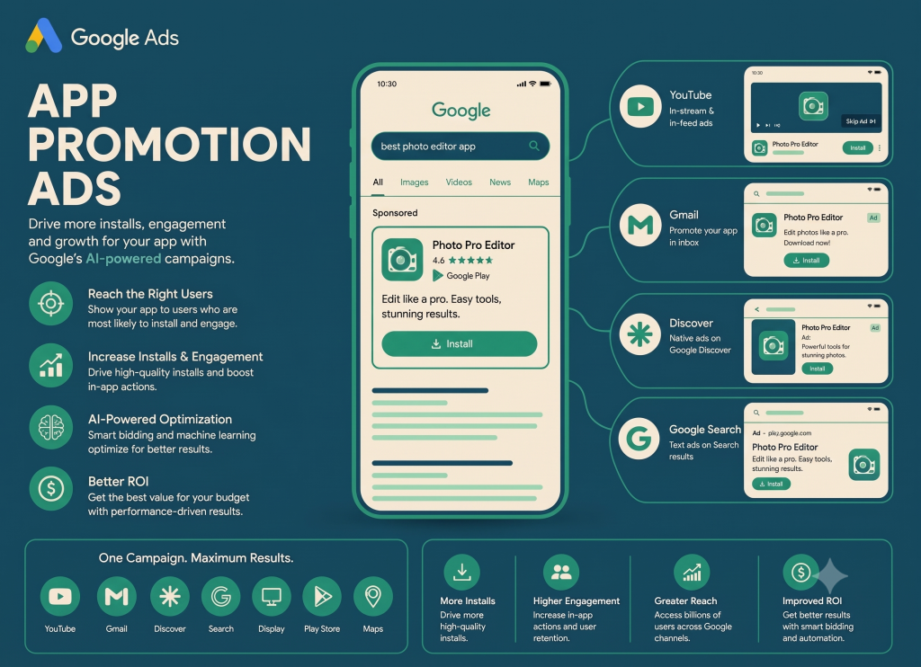 Google Ads explaining App Promotion Ads, showin