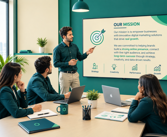 Digital marketing team discussing business mission.